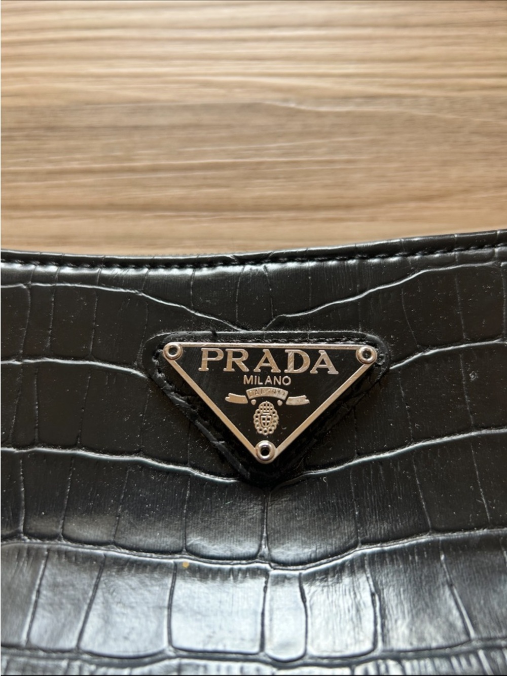 Prada Black Croc-Embossed Leather Shoulder Bag with Triangle Logo